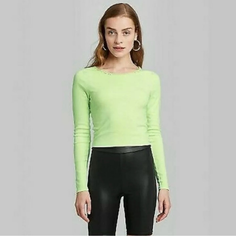 Wild Fable neon green ribbed lace trim long sleeve top, size S crewneck colorful
